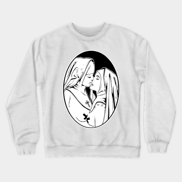 Kissing Sinister Sisters - black ink art, Lovers, God Lover, occult ritual, sexy nuns, beautiful girls, Vintage cartoon sticker Crewneck Sweatshirt by SSINAMOON COVEN